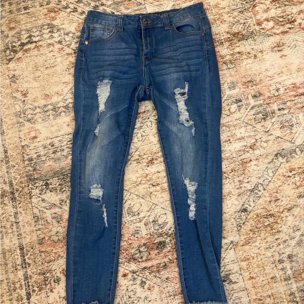 Bull Republic Distressed Skinny Jeans Medium Wash Raw‎ Hem Ripped Denim Size 13